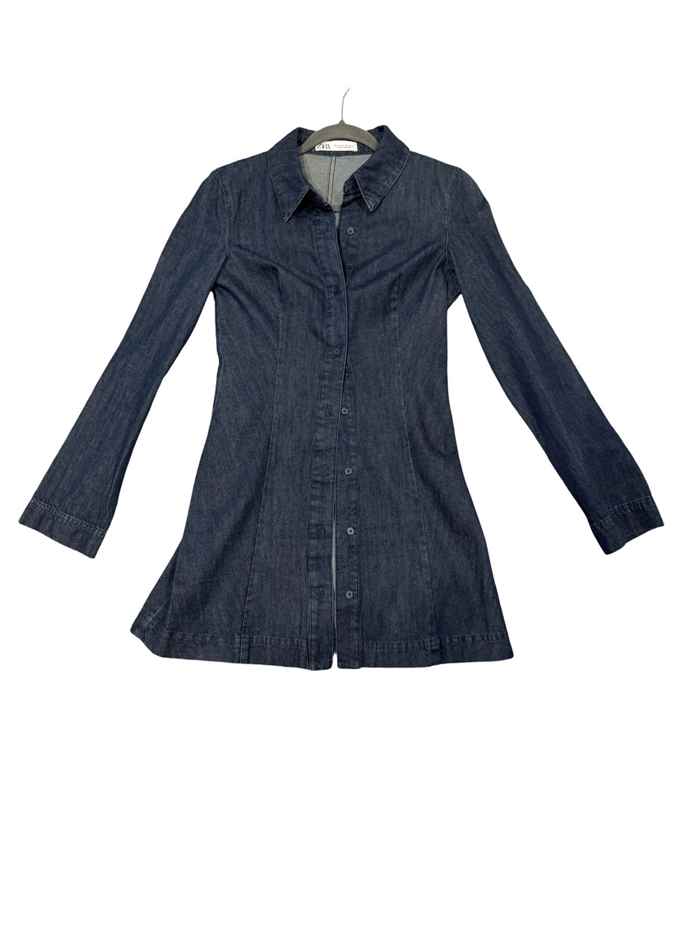 Zara Navy Button-Front Long Sleeve Denim Dress